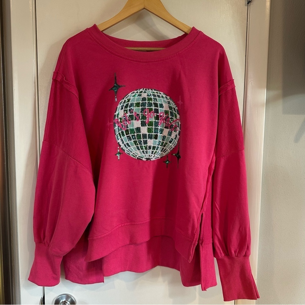 Fantastic Fawn French Terry Let’s Go Girls Sequin Sweatshirt. Hot pink. Medium.